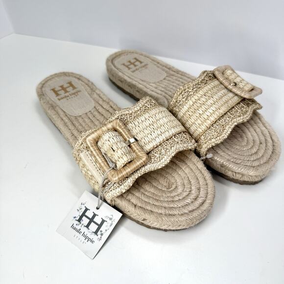 Haute Hippie Nyssa Sandals Espadrille Sole Straw Slide Size 10 Scallop Edge - Picture 1 of 5